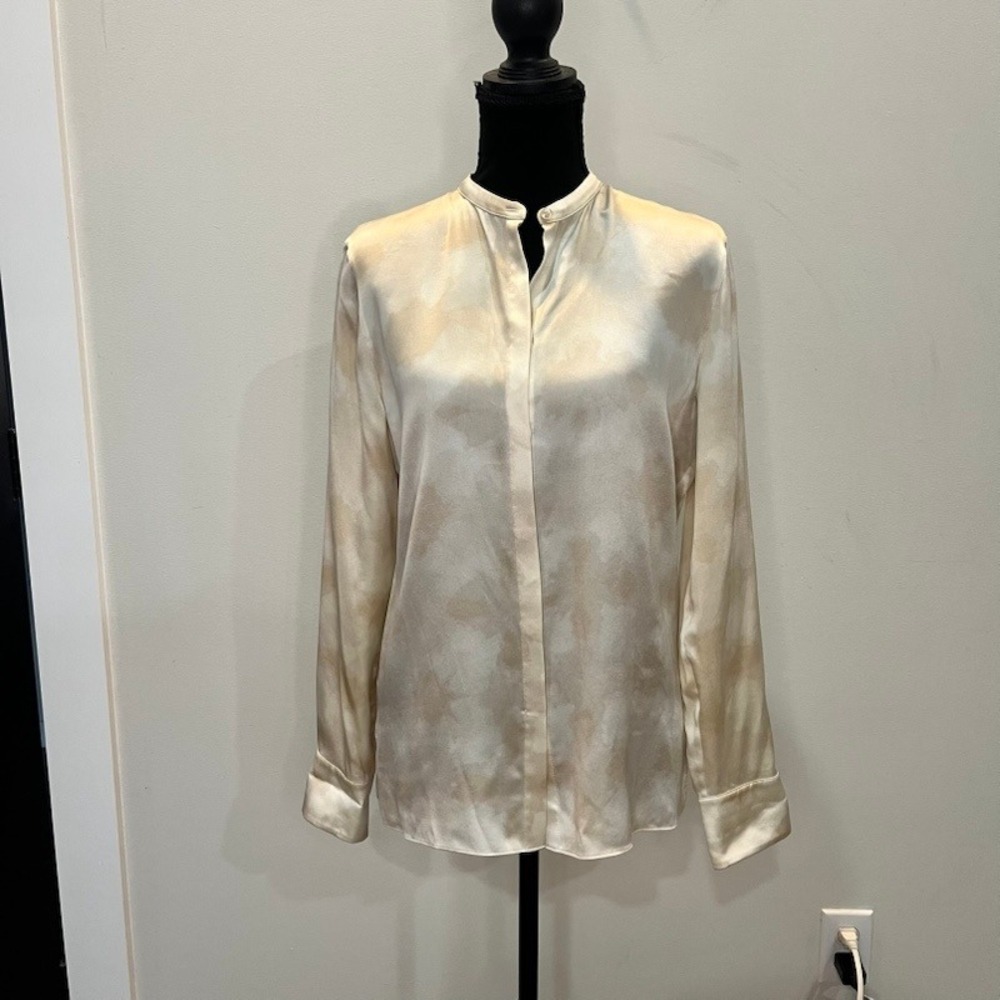 Vince Winter Tie Dye Silk Blouse Chiffon Size 4 Long Sleeve Quiet Luxury Office